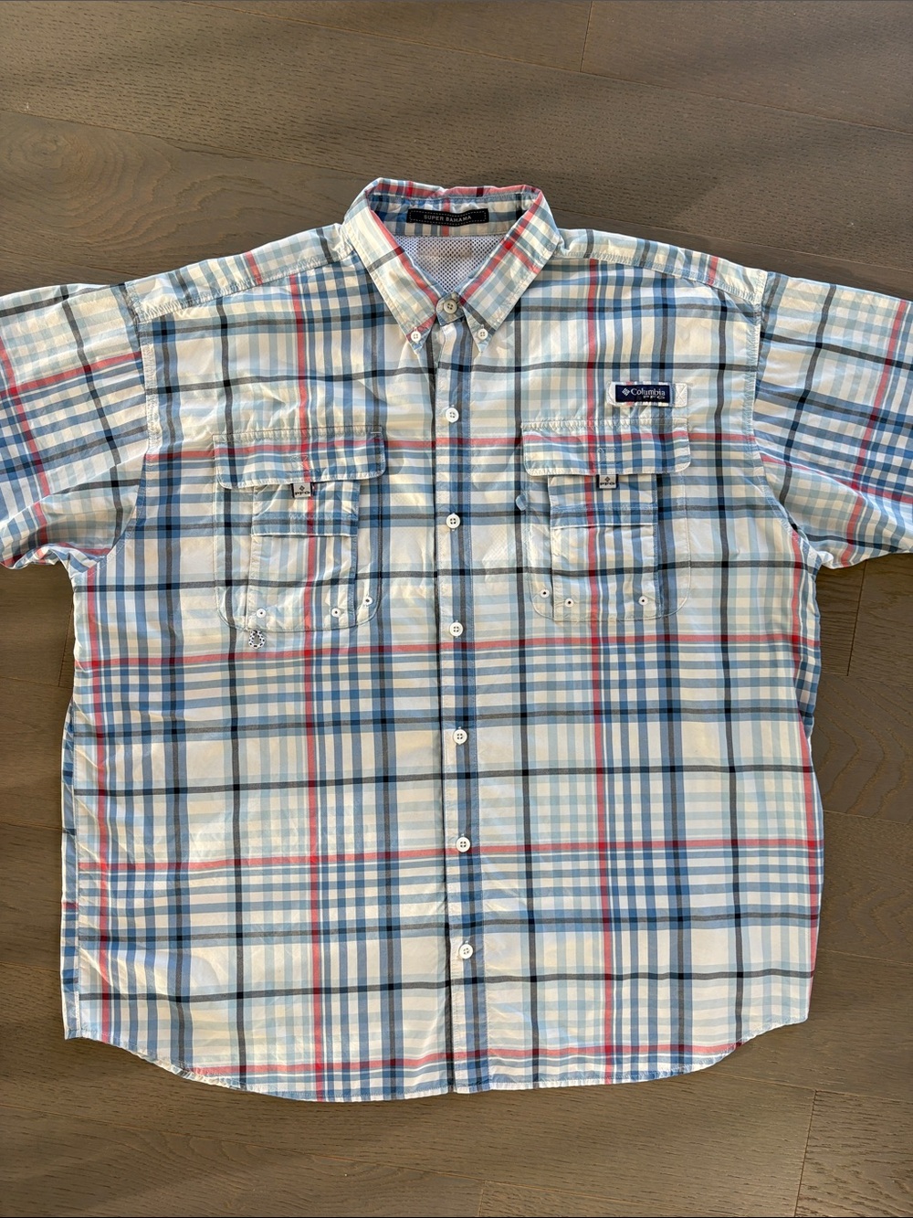 Columbia PFG XL Men's Short-Sleeve Plaid Button-Down Shirt - White, Blue, Red